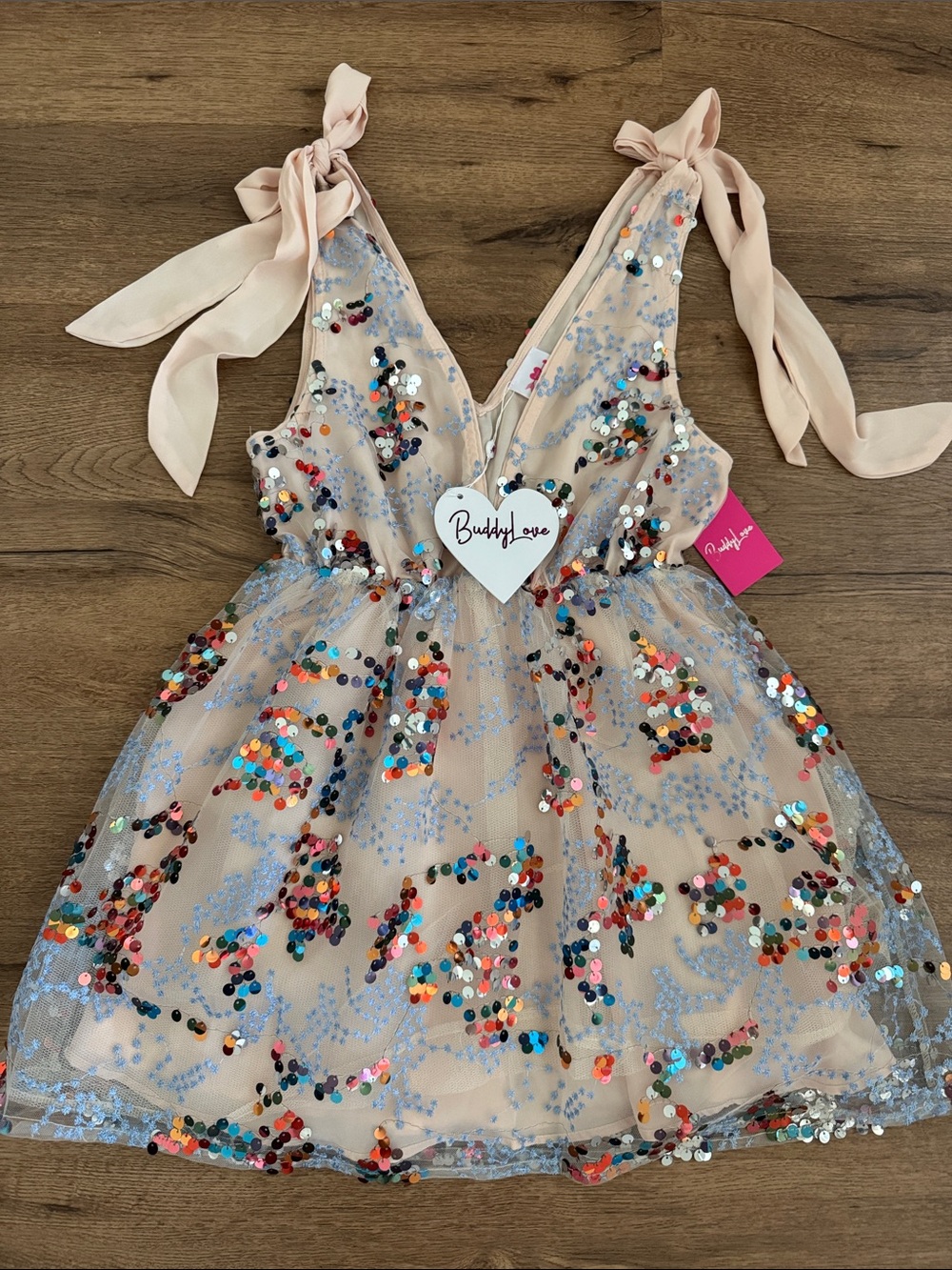 NWT Buddy Love Blush Sequin Tie-Shoulder Party Dress